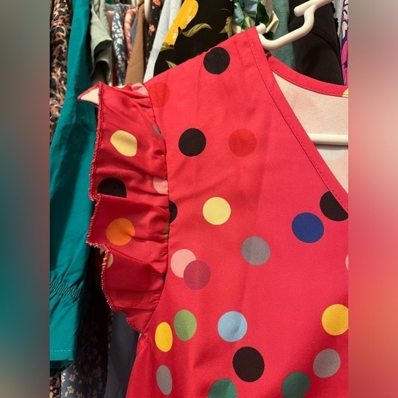 SHEIN Pink with Rainbow Polka Dots Ruffle Sleeve Dress Teacher Bright Colorful - Picture 6 of 11